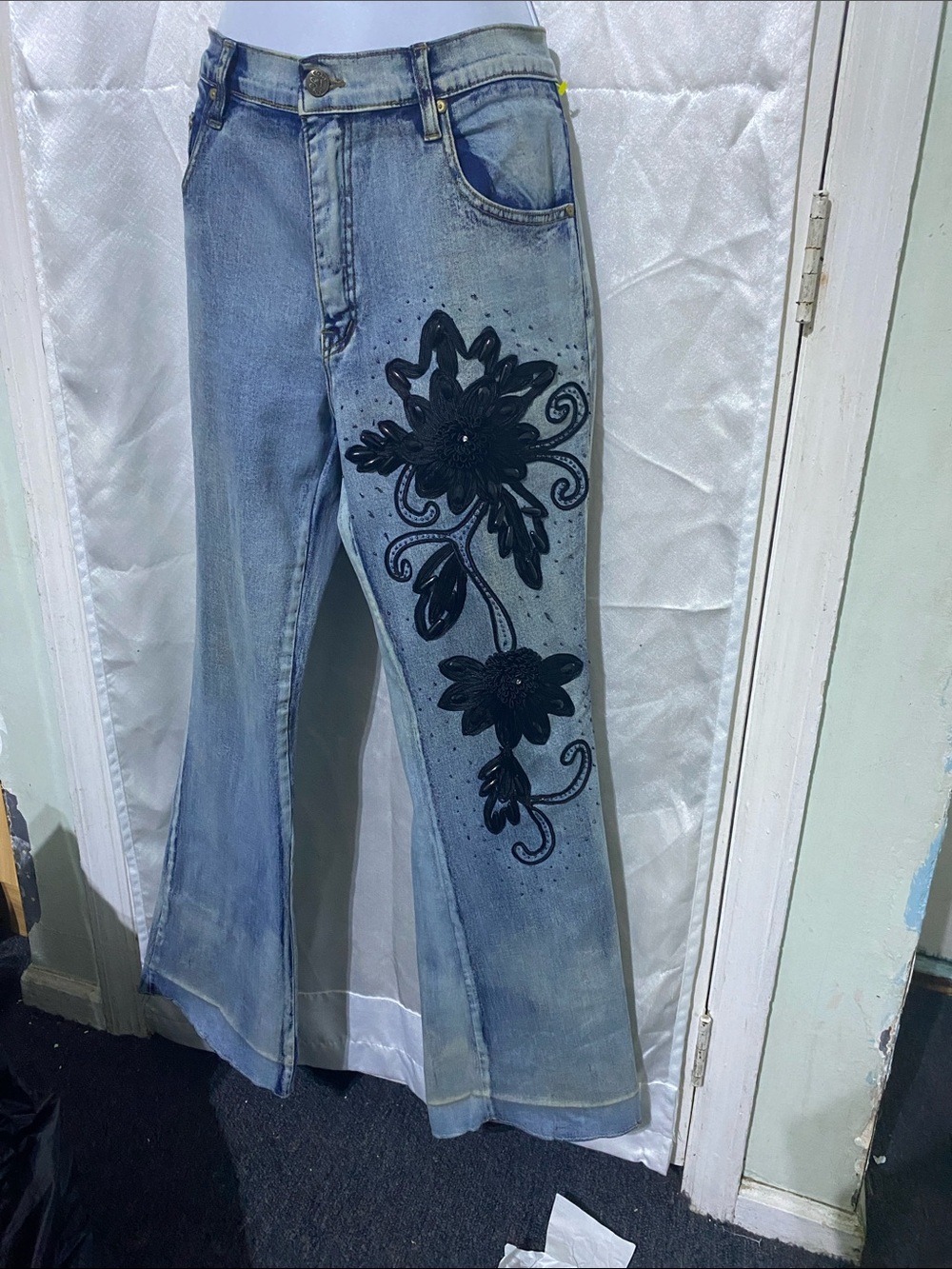 Y2K Women’s Light Blue Denim Jeans with Black Floral Embroidery